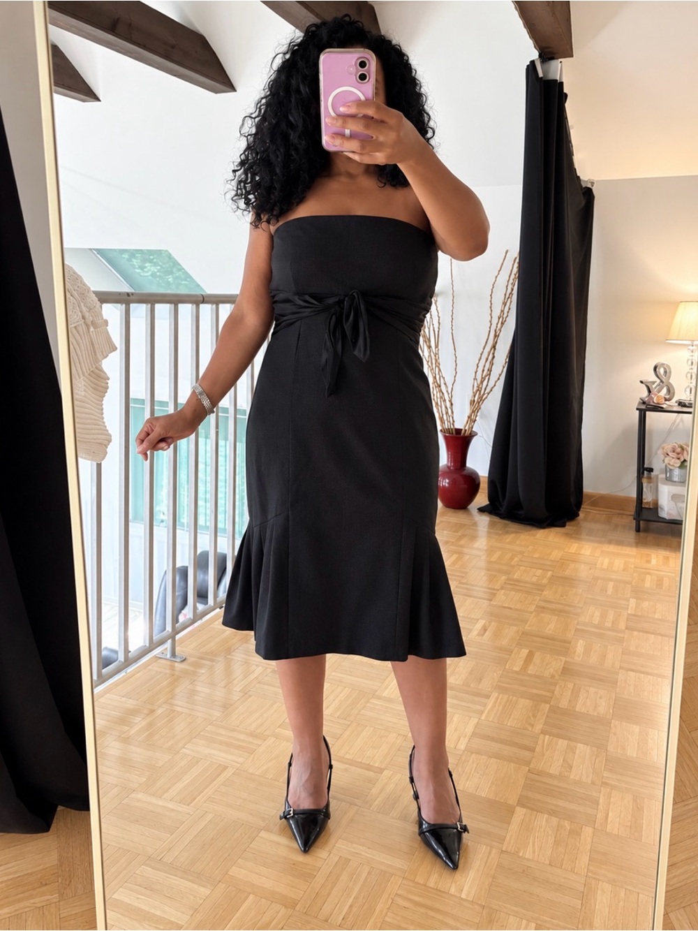 bebe Strapless Black Tie-Waist Midi Dress